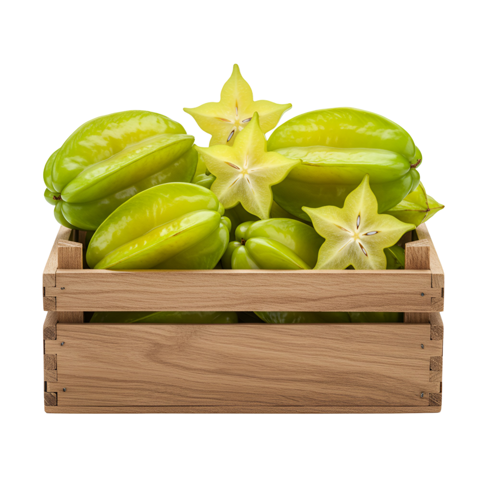 Abundance of star fruit in a wooden crate with a plain backdrop creating a vibrant still life image transparent background png