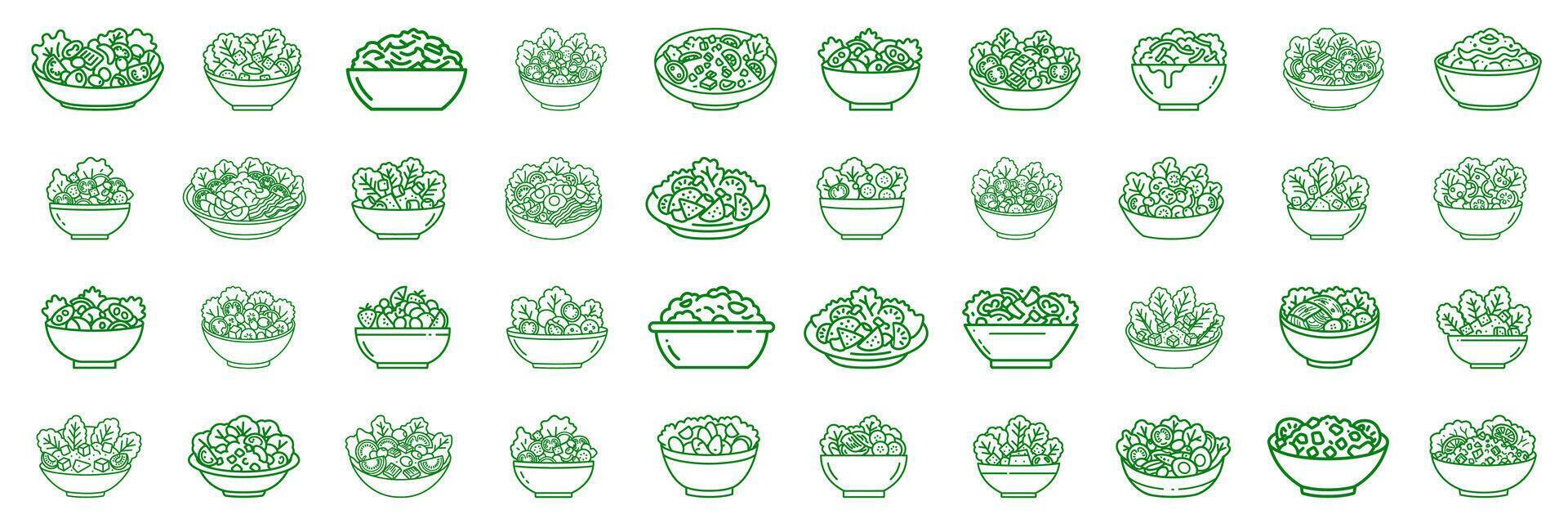 Modern and minimalist salad icons in shades of green. set covering varieties such as kale salad, spinach, fruit, garden and chef salads. vector