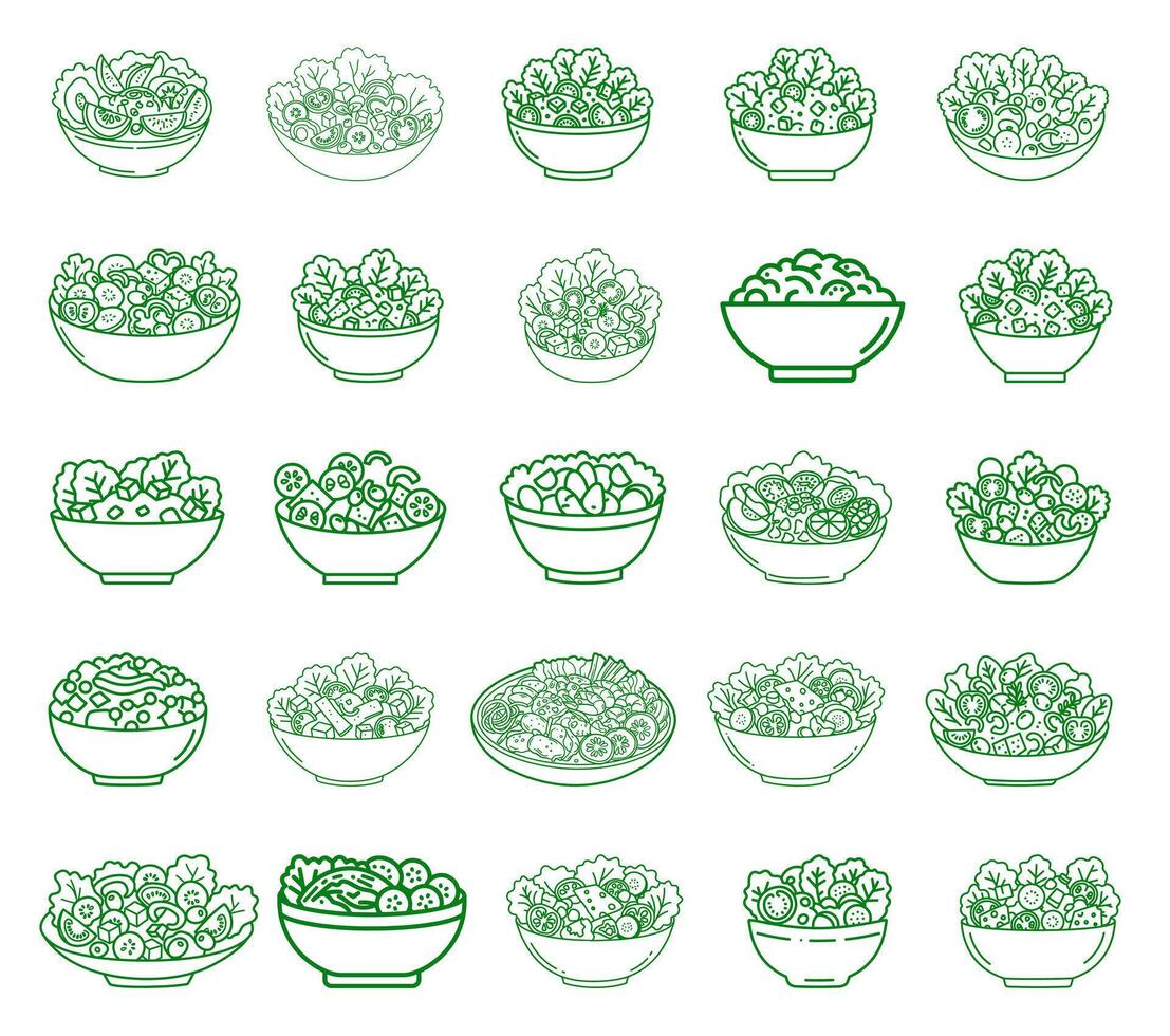 A set of icons suitable for different types of salads. Contains outline icons for kale, mixed, Greek, garden and fruit salads. vector