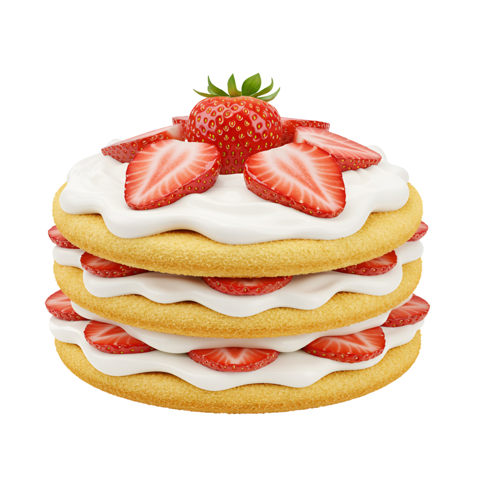A three layer cake with cream and strawberry slices on a plain color isolated setting view close up transparent background png