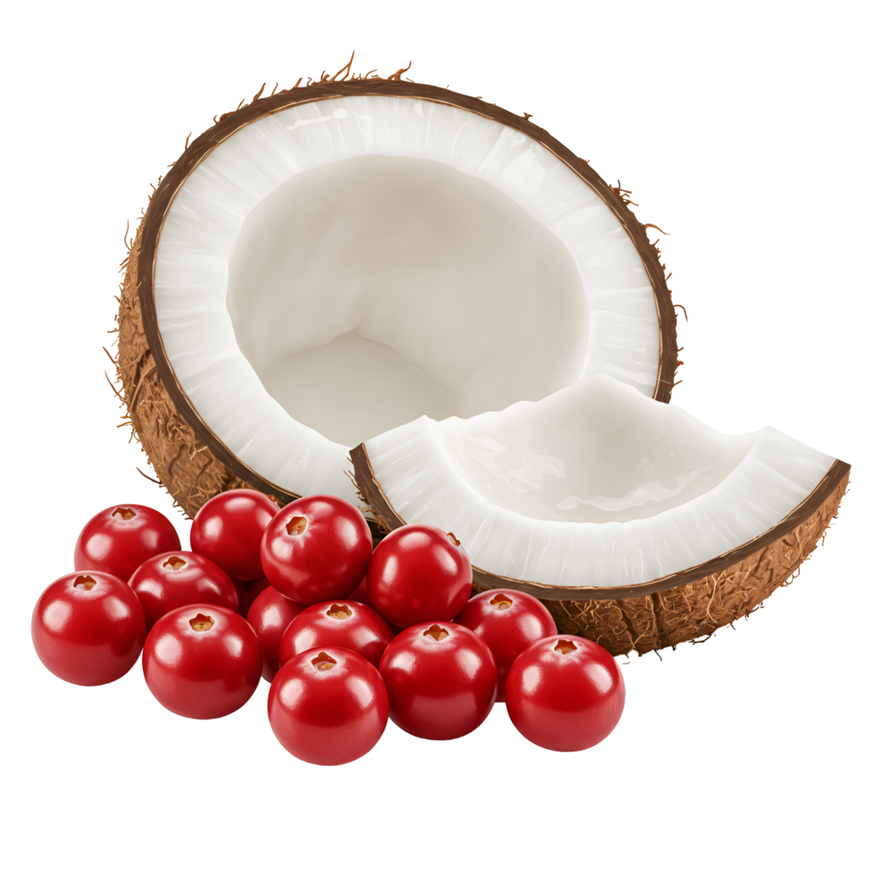 A halved coconut with a piece and a pile of red berries on a plain studio setting surface transparent background png