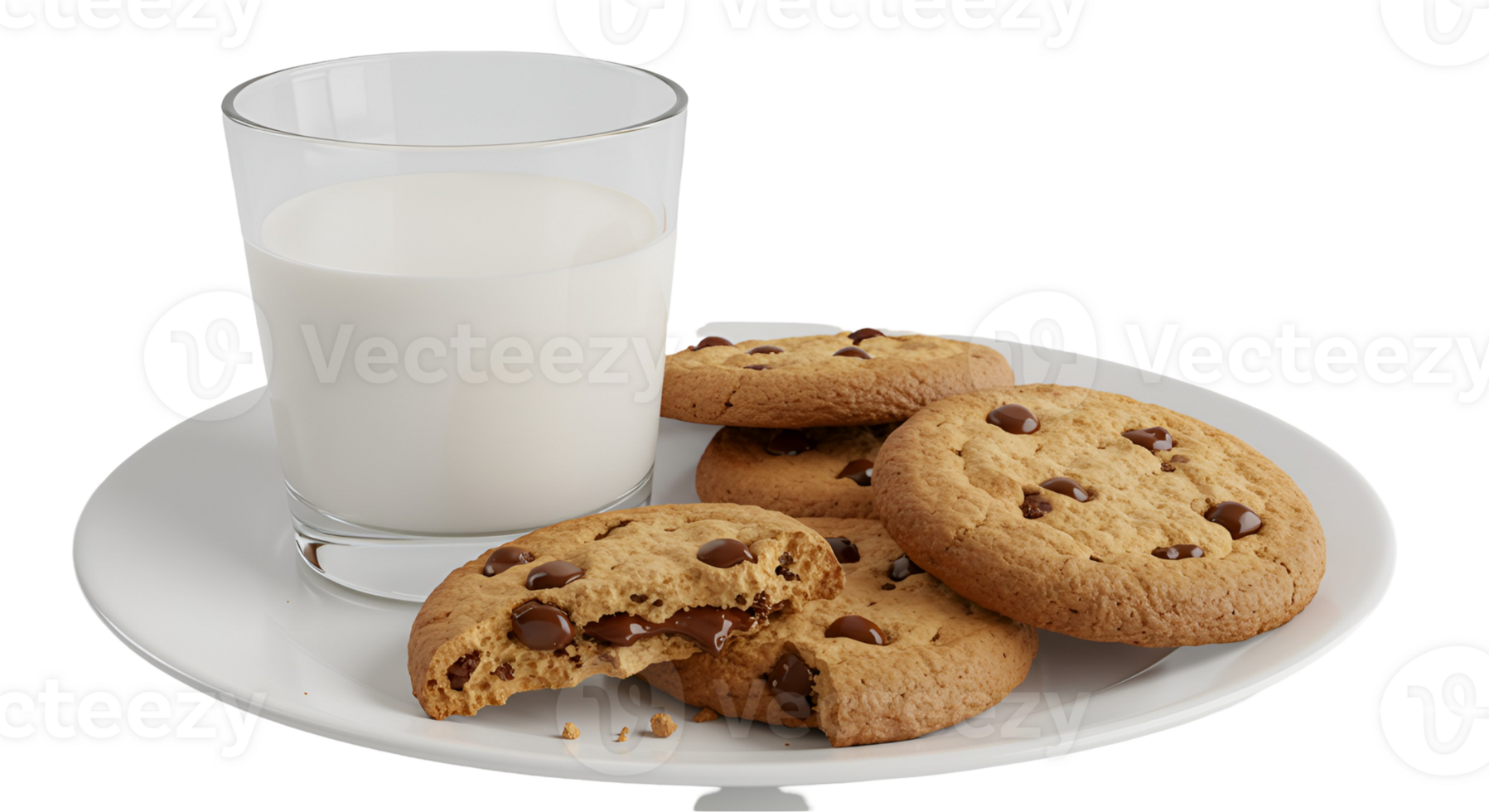 A glass of milk and several chocolate chip cookies on a white plate against a plain backdrop transparent background png