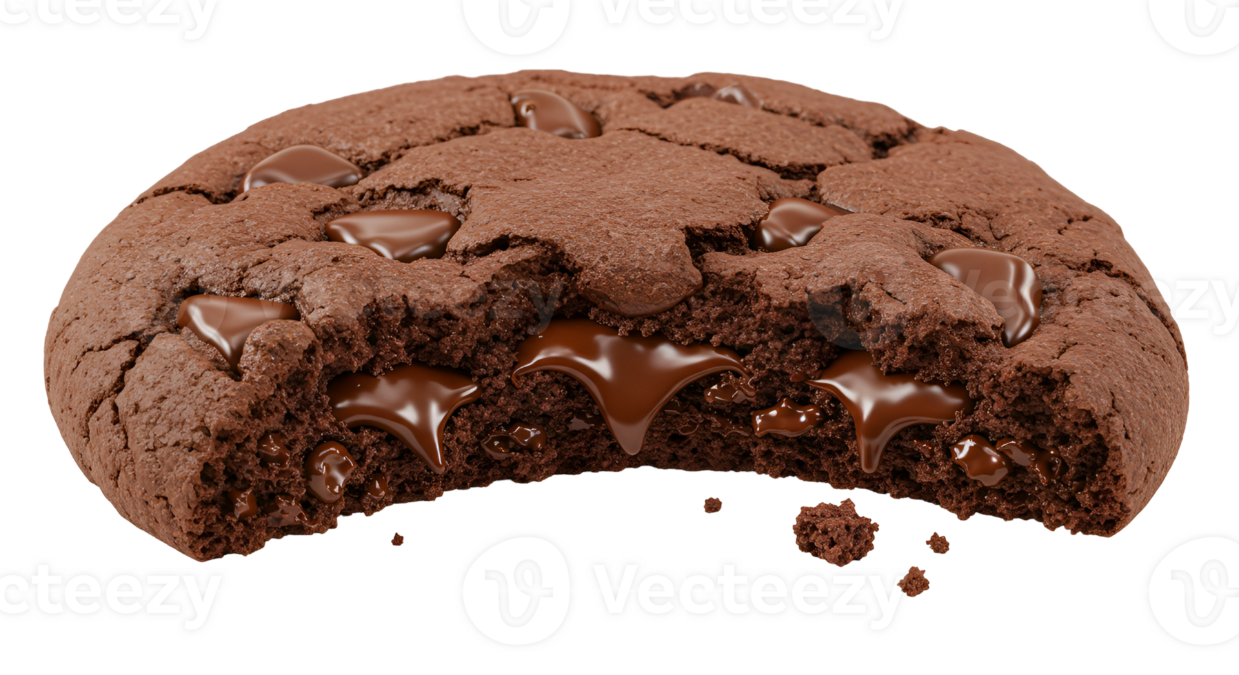 A single chocolate cookie with a bite taken out of it with visible chocolate chips on a plain background transparent background png