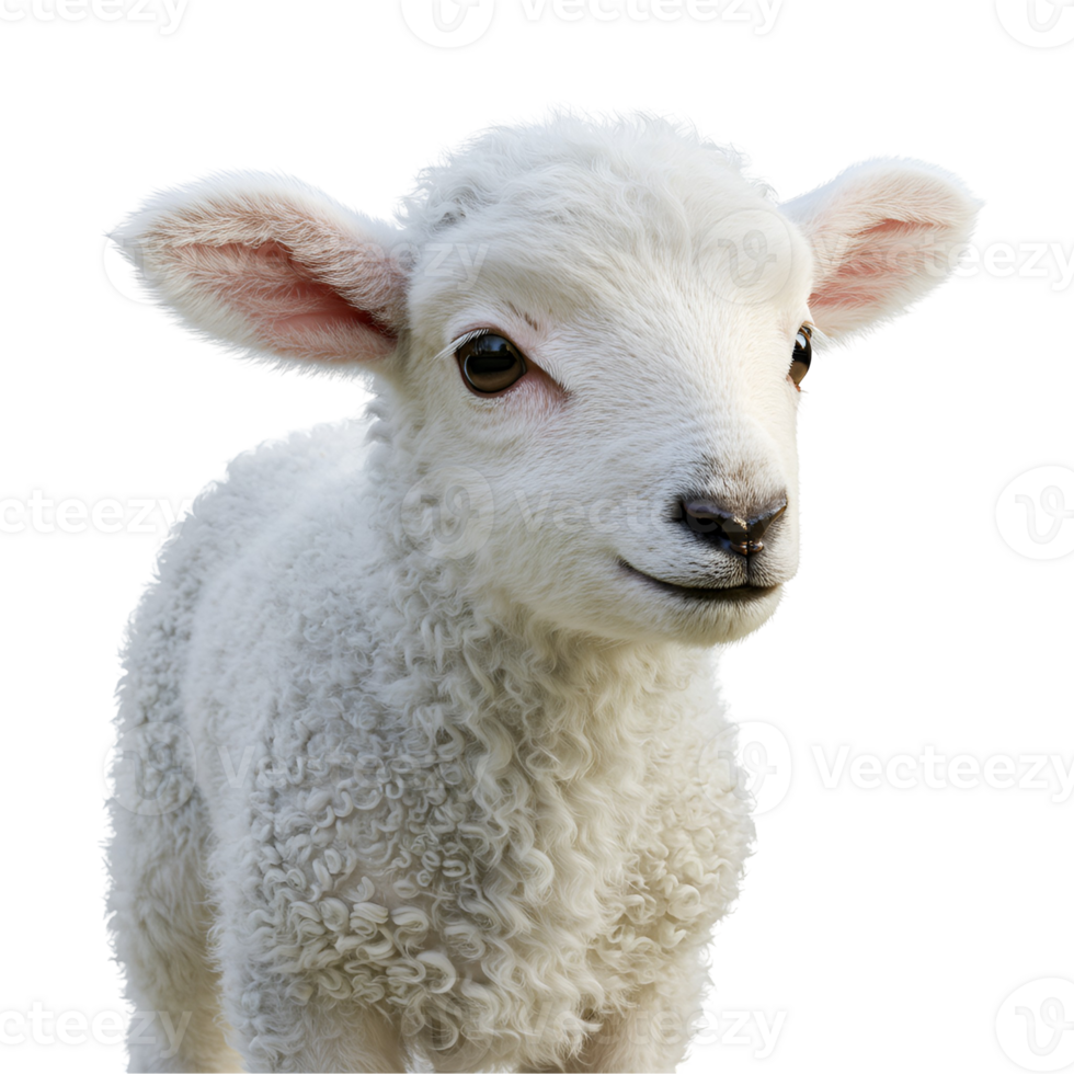 Portrait of a fluffy white lamb with soft fur and gentle eyes against a plain backdrop transparent background png