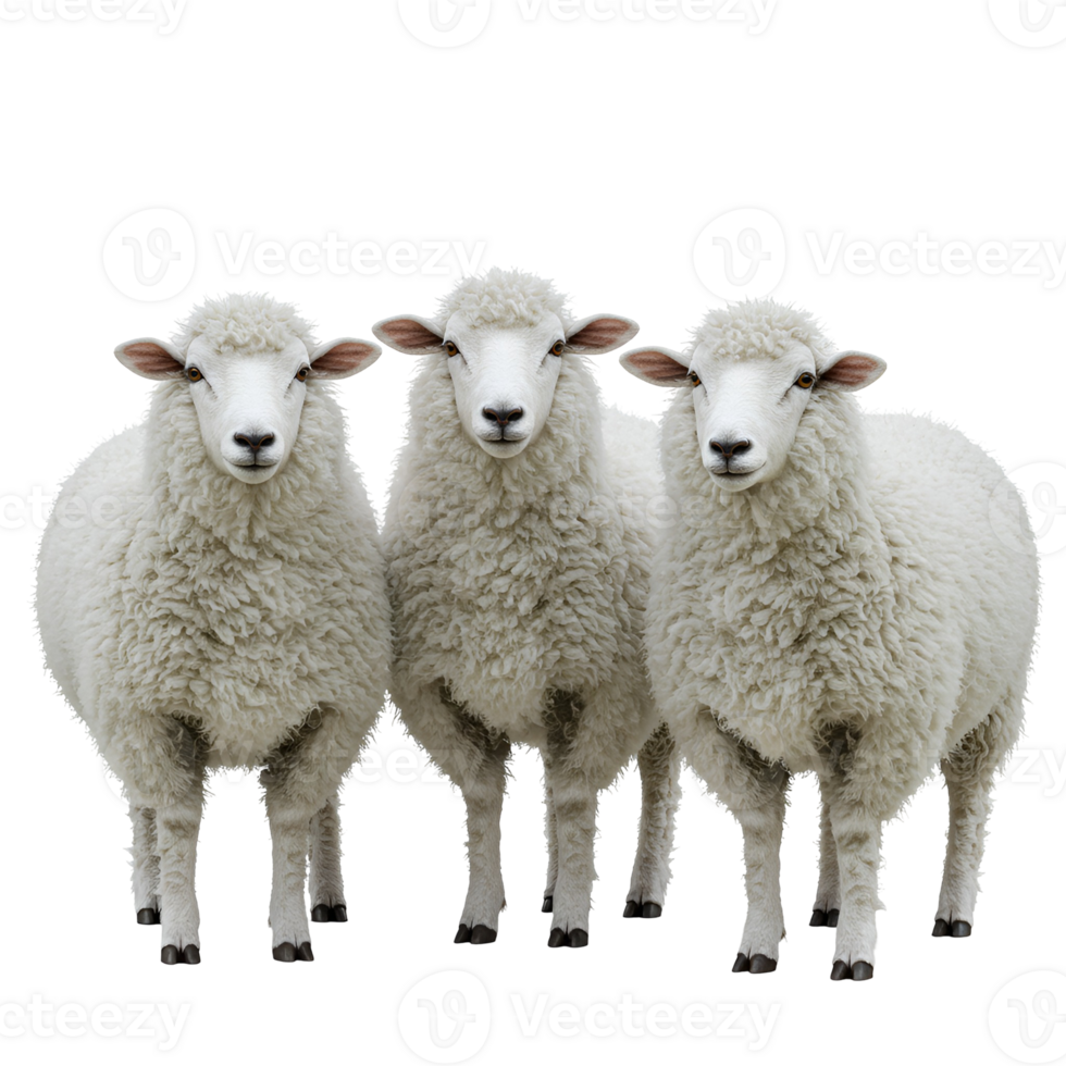 A trio of fluffy sheep posing closely together against a plain and featureless simple backdrop view transparent background png