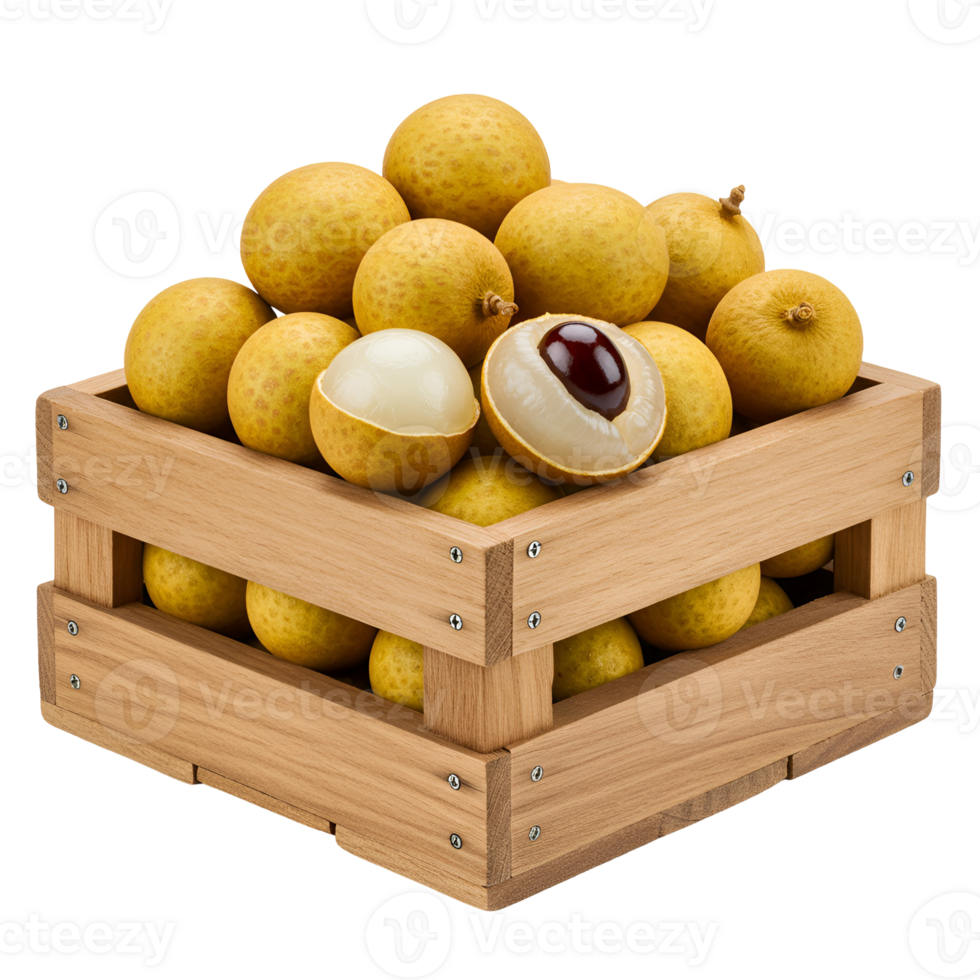 A wooden crate filled with longans and one cut open showing the white flesh and seed inside the fruit transparent background png