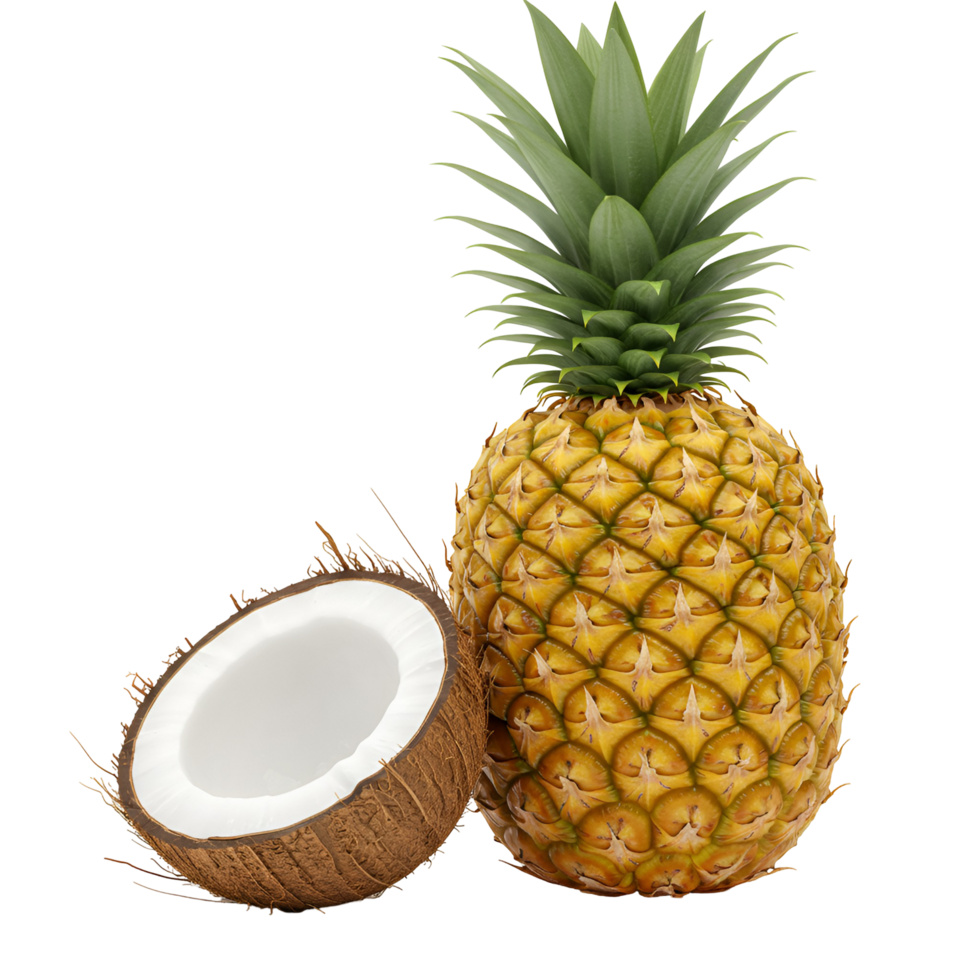 Pineapple with green leaves and a half coconut on a plain colored simple studio style scene image transparent background png