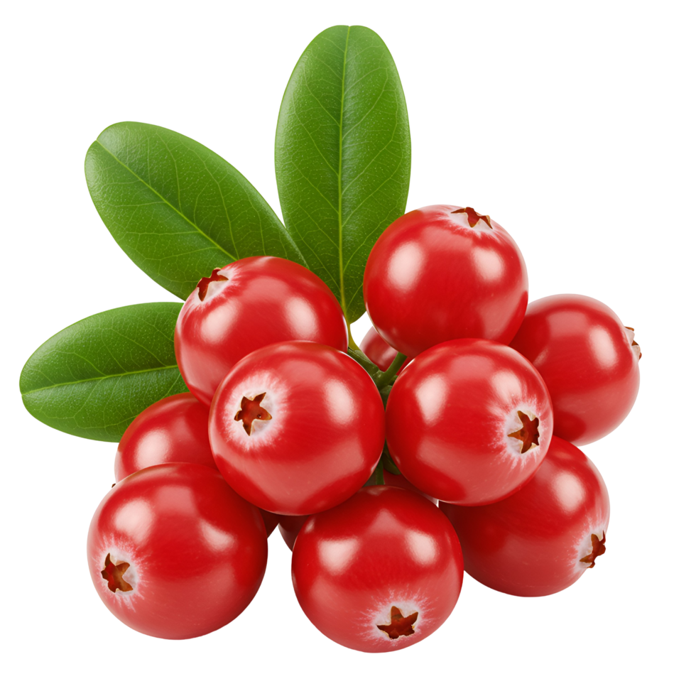 A vibrant cluster of cranberries with fresh green leaves against a simple solid color backdrop image transparent background png