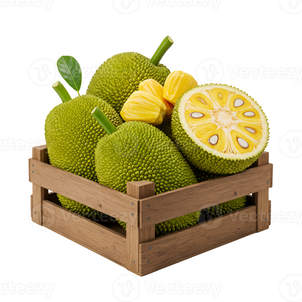A wooden crate filled with jackfruit including one cut in half with a leaf on a plain background transparent background png