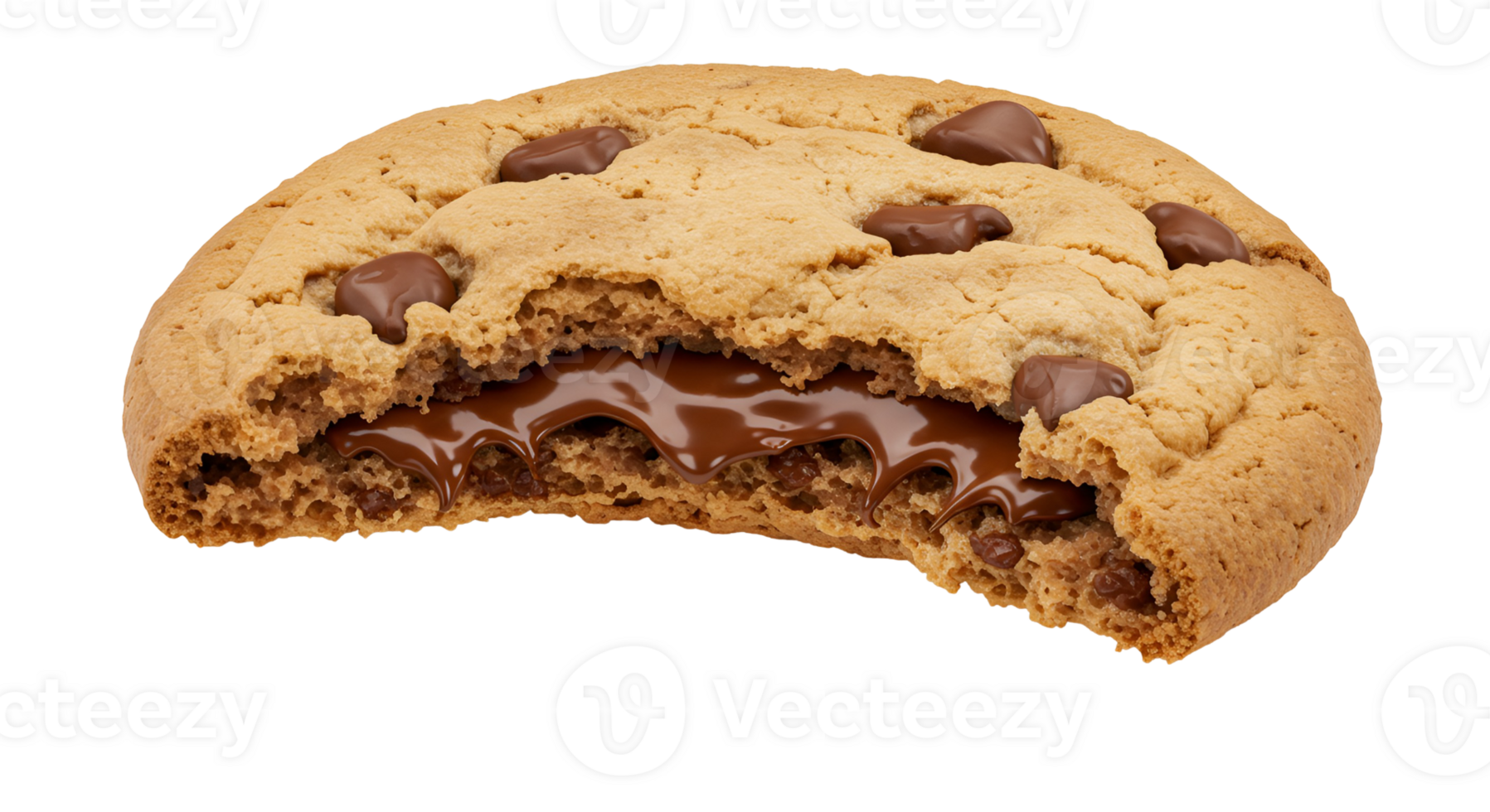 A single chocolate chip cookie with a bite taken out revealing a melted chocolate center filling transparent background png