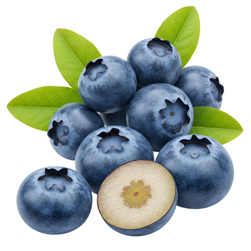 A group of blueberries with some green leaves and one sliced blueberry on a plain setting surface transparent background png