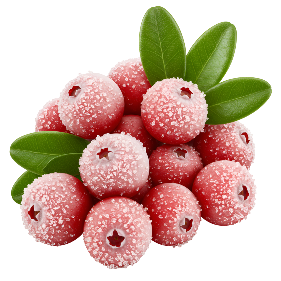 A pile of sugared cranberries with green leaves on a plain setting for holiday treat presentation transparent background png