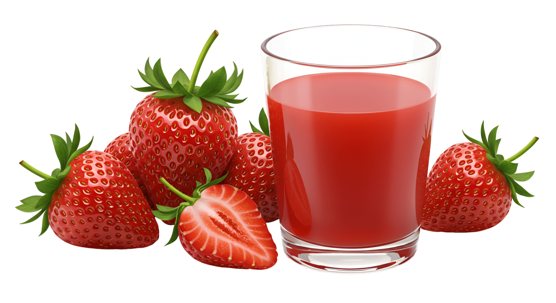 A glass of strawberry juice with several fresh strawberries on a plain colored surface around it transparent background png