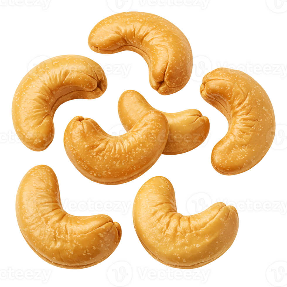 Isolated arrangement of several cashew nuts presented against a solid colored plain backdrop transparent background png