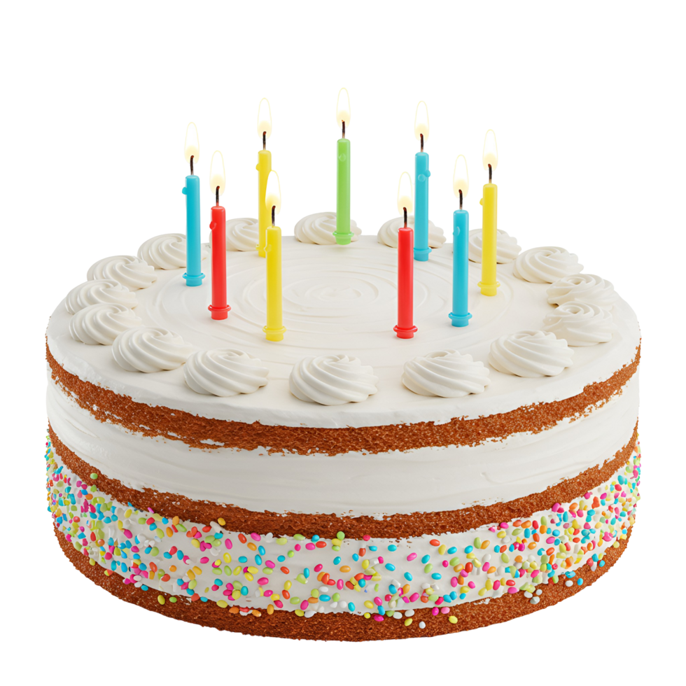 A delicious birthday cake with white frosting and colorful candles on a plain environment view transparent background png