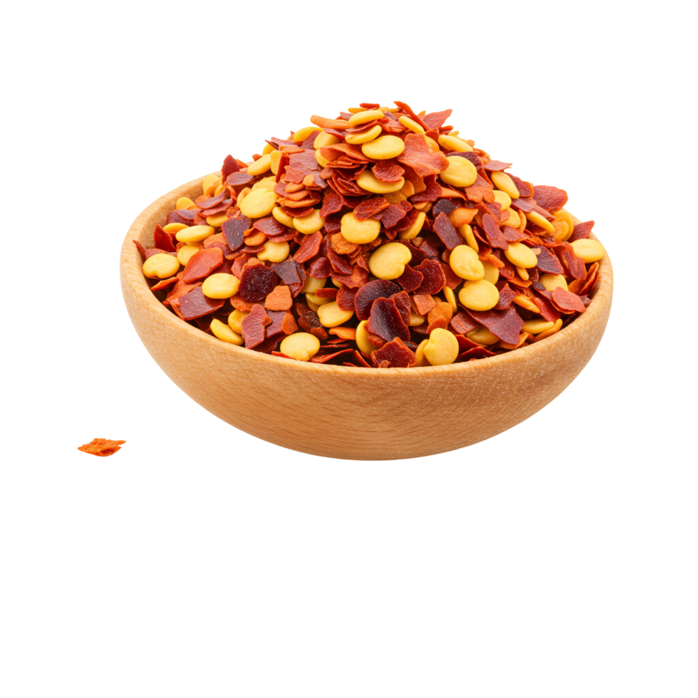 A wooden bowl filled to the brim with vibrant chili flakes on a plain simple presentation style shot transparent background png
