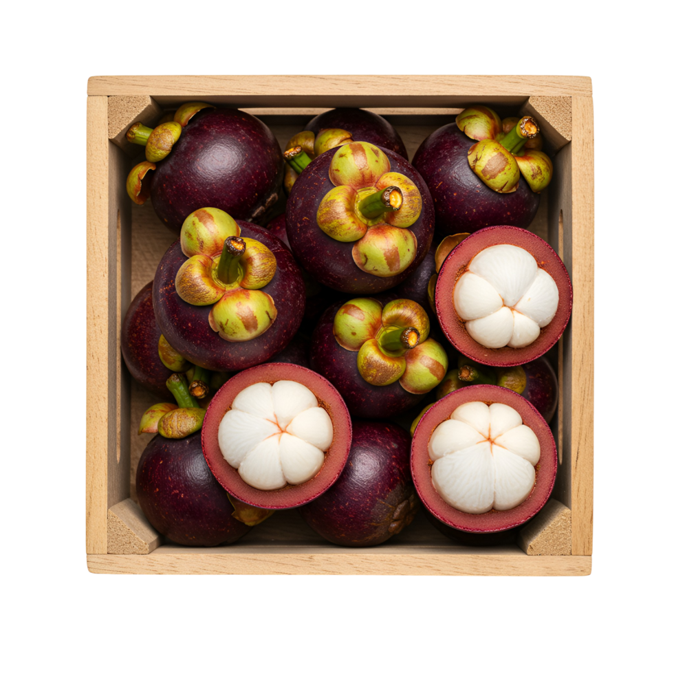A wooden crate filled with mangosteens, some whole and some cut in half, showing the white fruit inside transparent background png