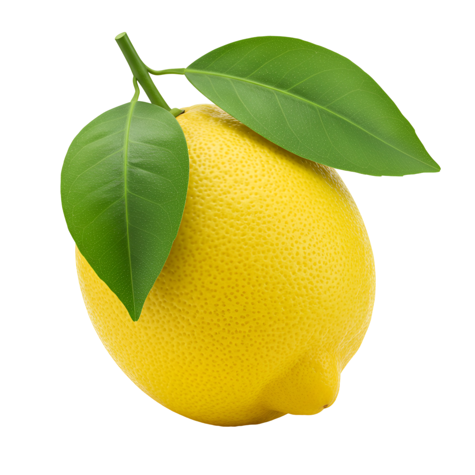 A single lemon with two green leaves attached to the top on a plain colored setting shown isolated transparent background png