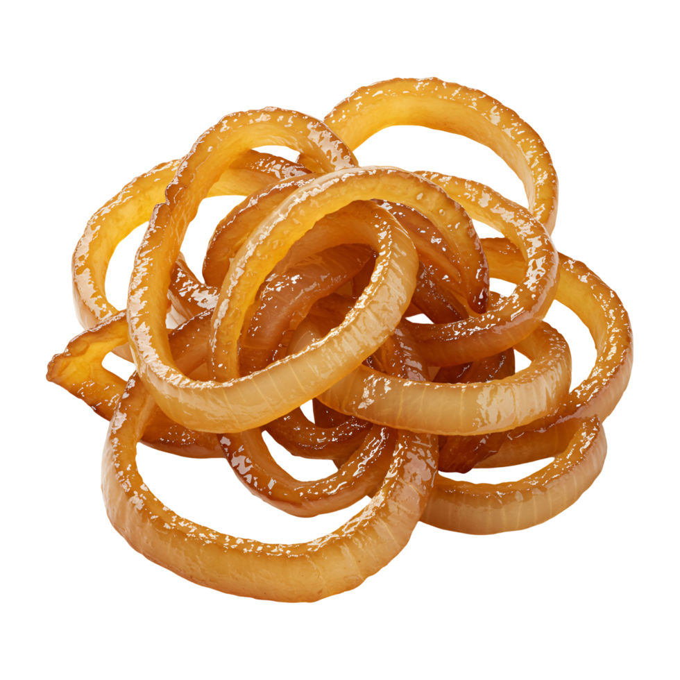 A pile of glistening golden onion rings stacked high against a plain neutral color isolation transparent background png