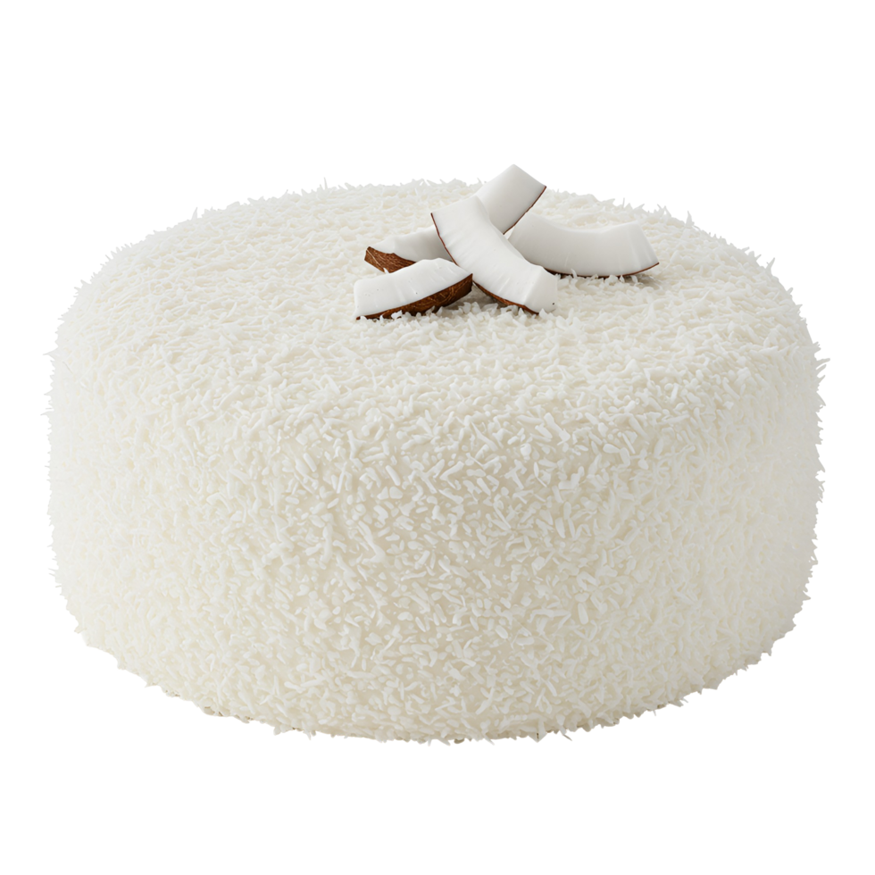 A round cake covered in shredded coconut topped with fresh coconut pieces on a plain surrounding transparent background png