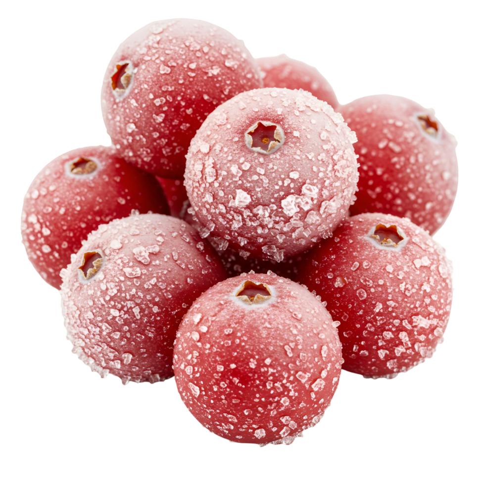 A group of red cranberries covered in ice crystals on a plain surface in a studio setting view transparent background png