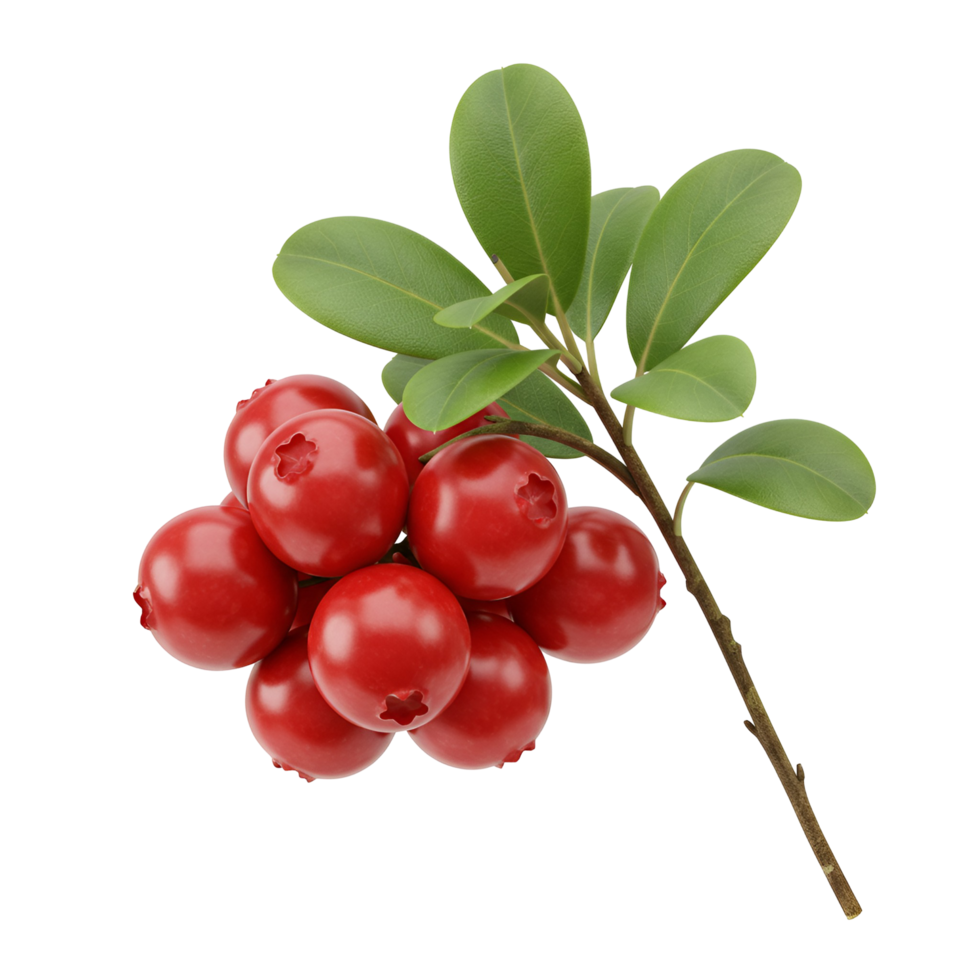 A cluster of vibrant red lingonberries with green leaves on a stem against a plain setting space transparent background png
