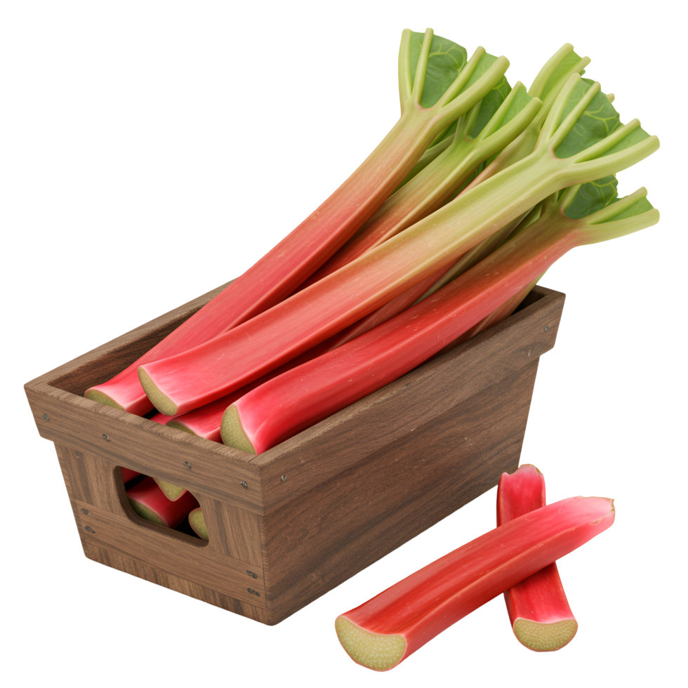 Arrangement of rhubarb stalks with green leaves inside a small wooden crate on a plain surface transparent background png