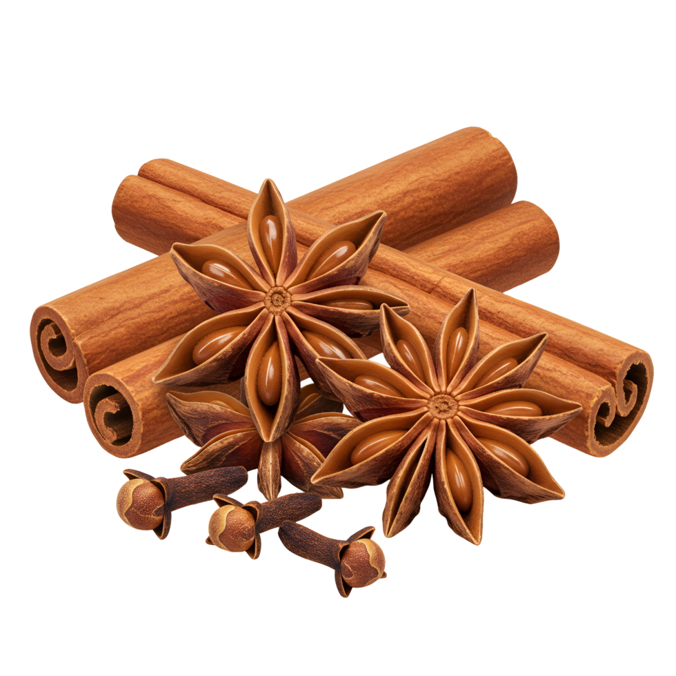 Aromatic arrangement of cinnamon sticks, star anise, and cloves on a simple plain surface transparent background png