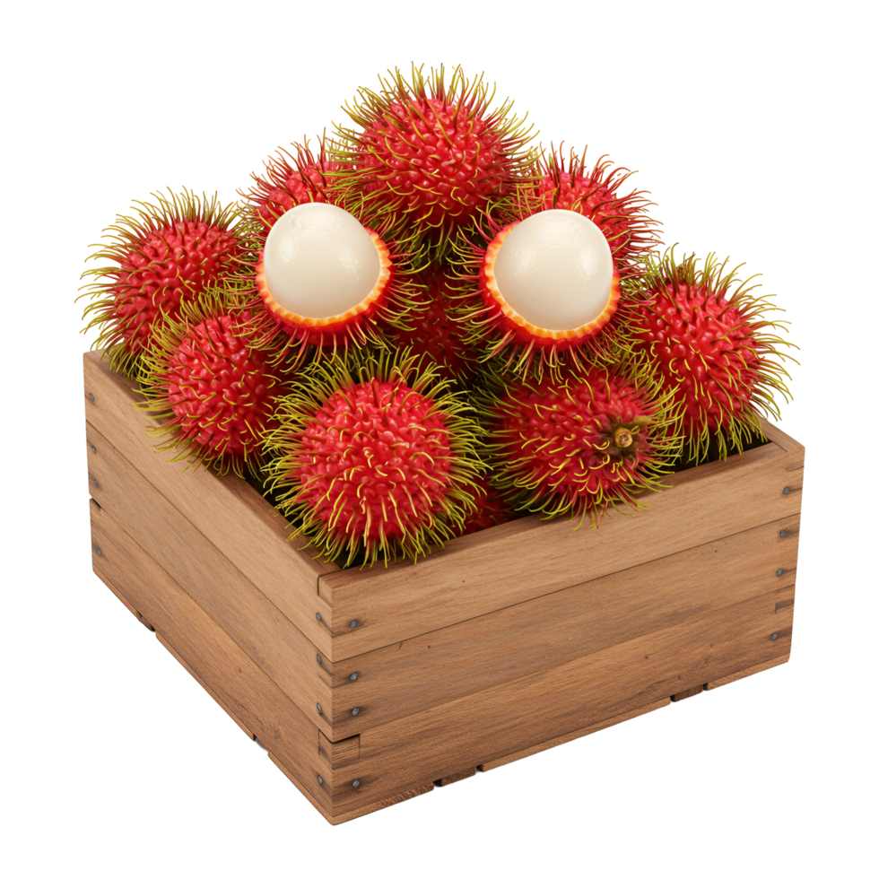 Fresh rambutan fruits in a wooden crate with two cut open showing the white flesh against a plain setting transparent background png