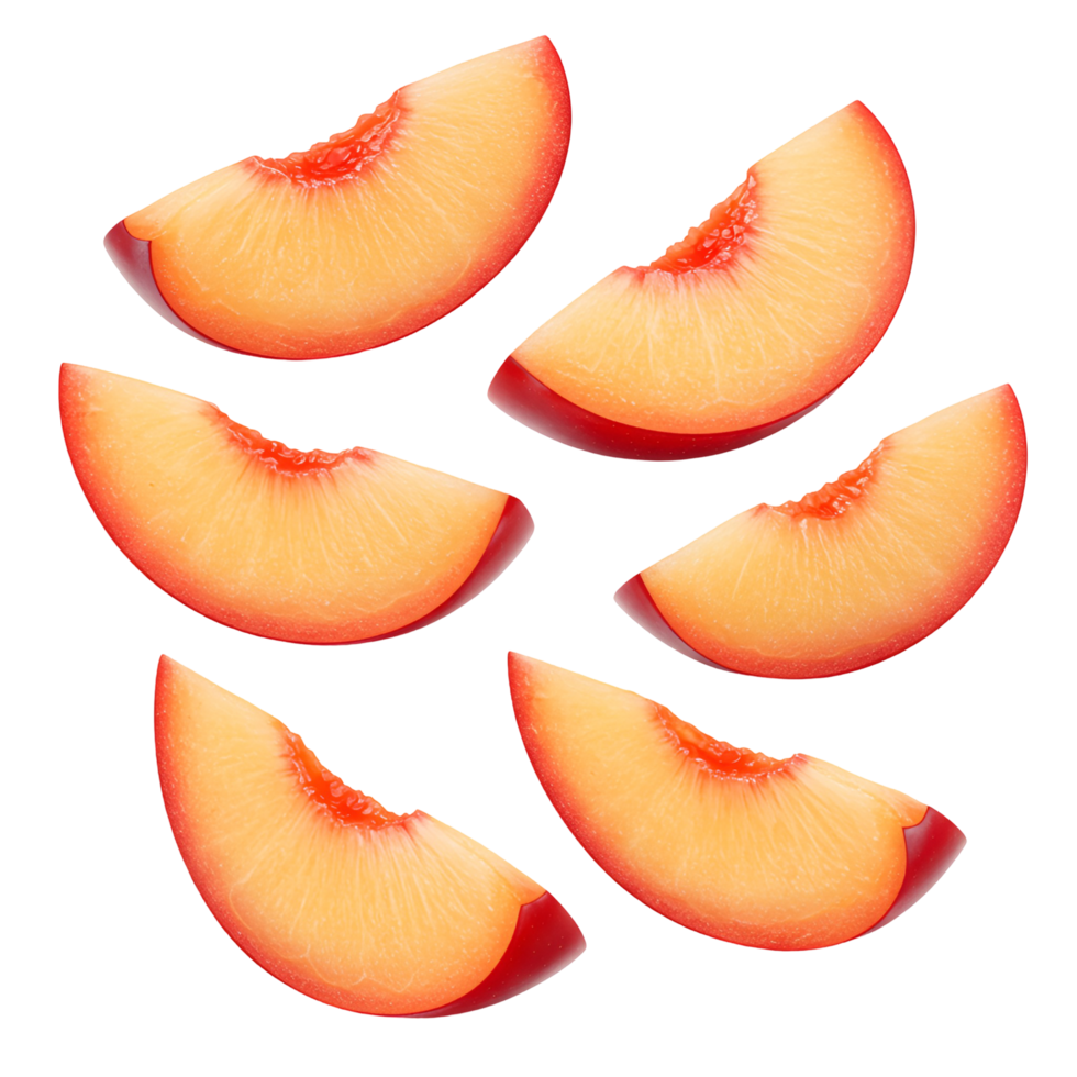 Arrangement of five plum segments with reddish skin against a plain solid color backdrop image transparent background png