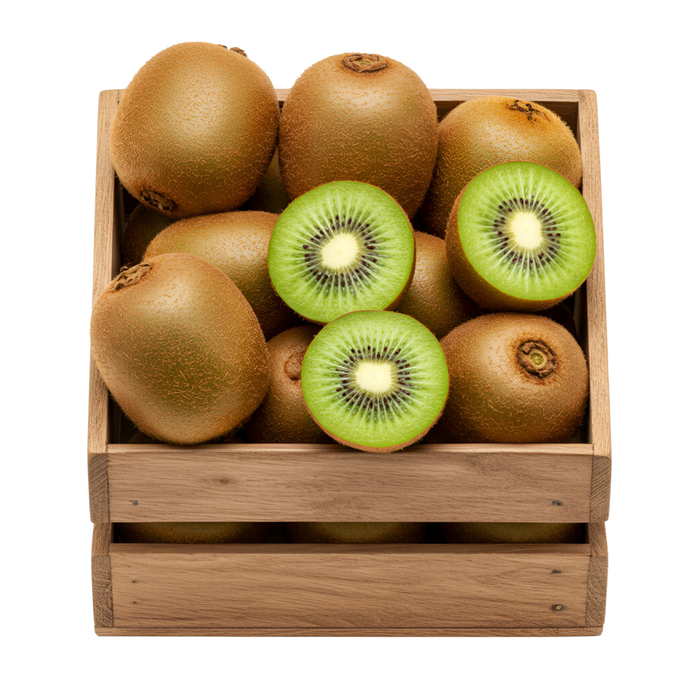 A wooden crate filled with whole and halved kiwis against a plain solid colored setting space for text transparent background png