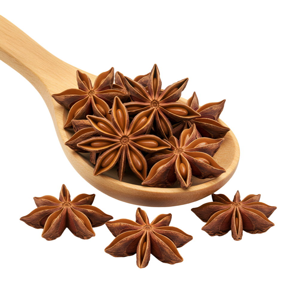 Star anise spices arranged on a wooden spoon with some scattered around on a plain surface transparent background png