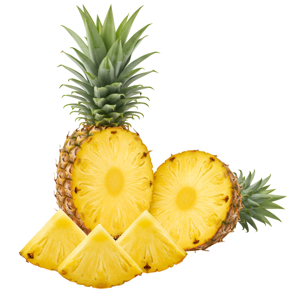 Arrangement of whole and sliced pineapples with green leaves on a plain simple background scene transparent background png