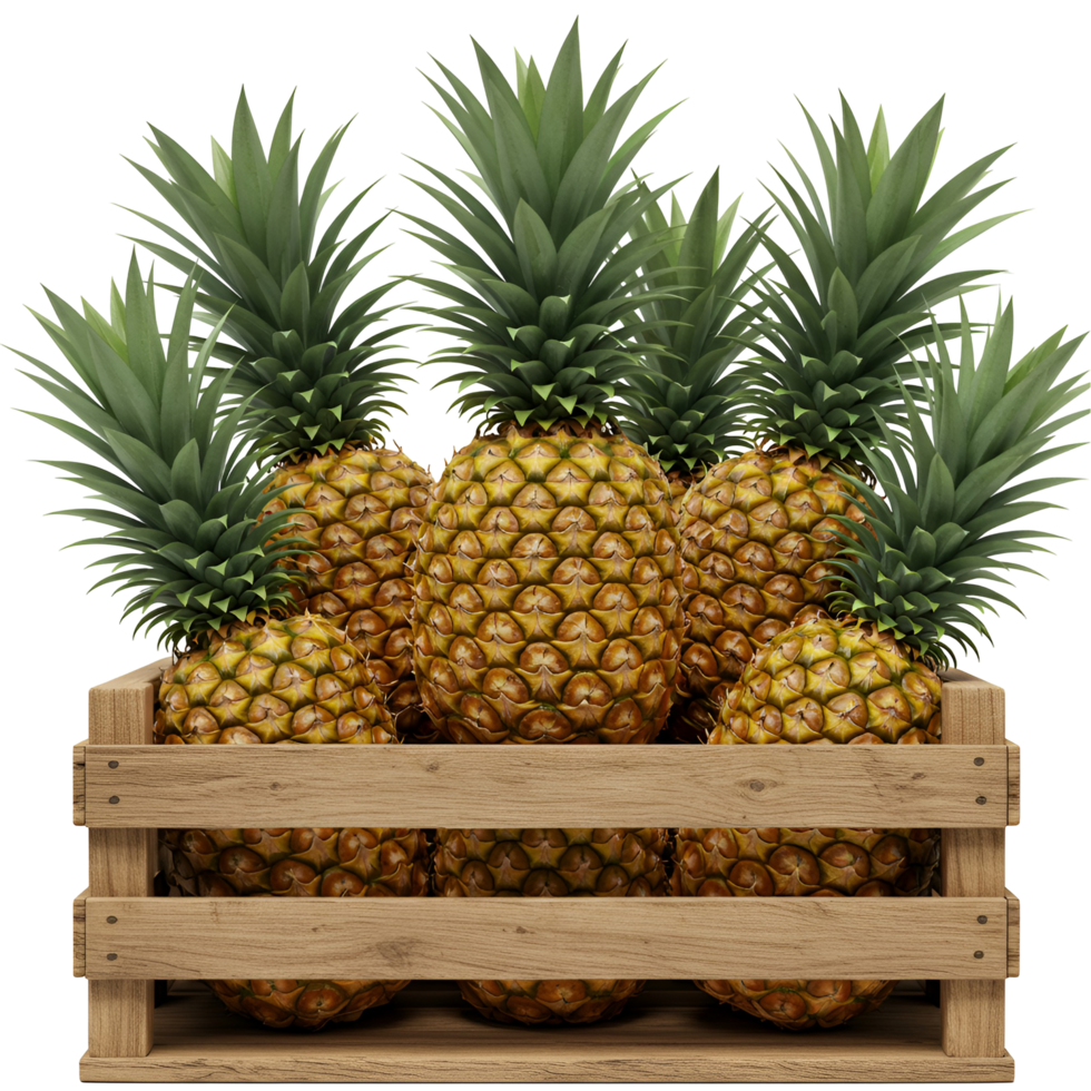 A wooden crate filled with several ripe pineapples with spiky green tops on a plain setting transparent background png