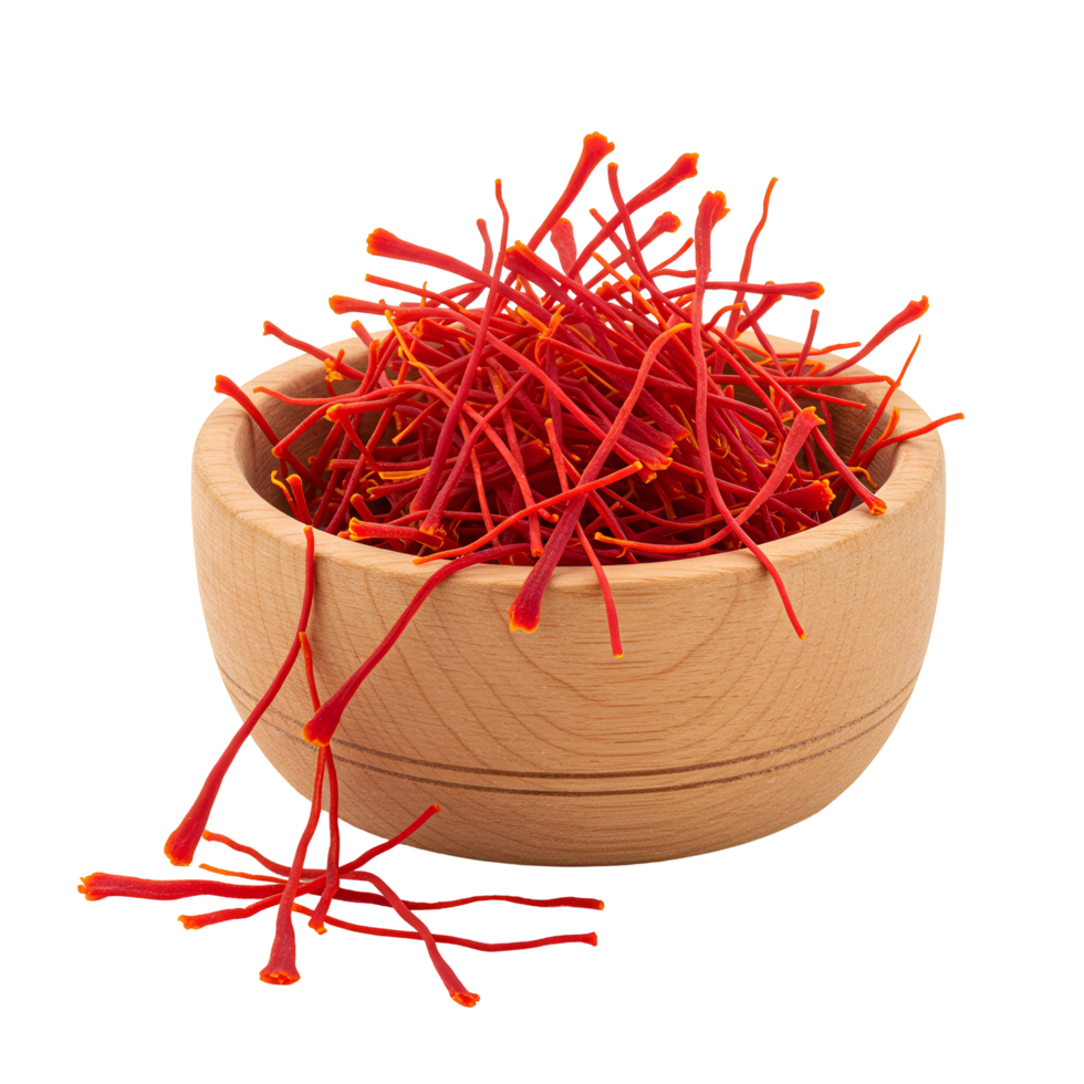 A wooden bowl filled with vibrant red saffron threads against a plain surrounding space view transparent background png