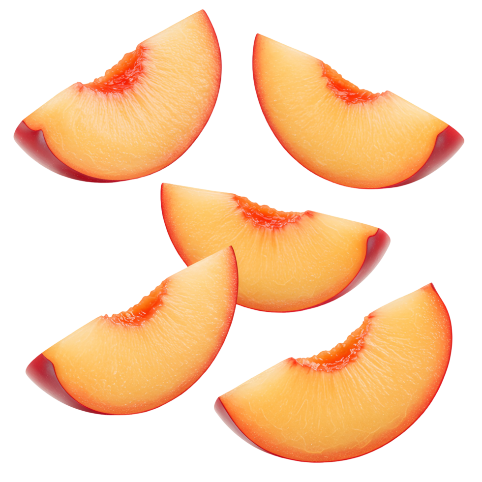 Arrangement of five peach slices with a vibrant orange hue against a plain solid color backdrop transparent background png