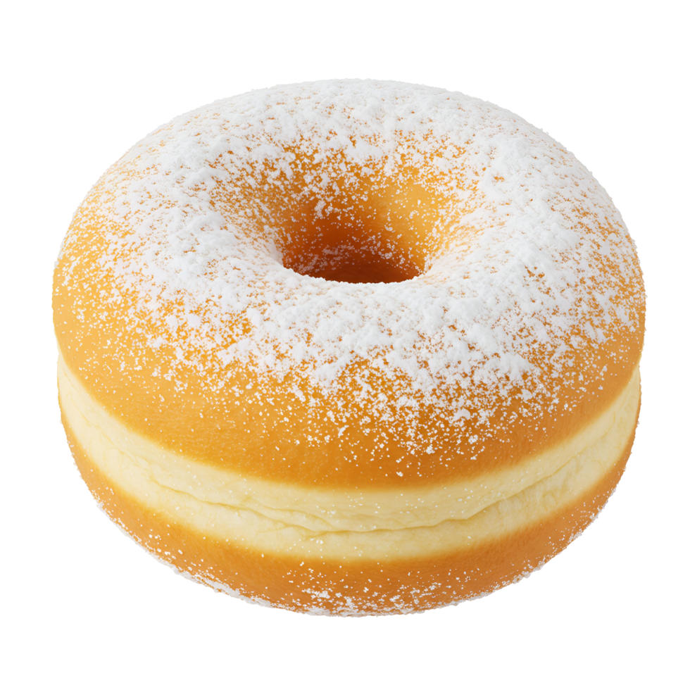 A single donut covered with powdered sugar is presented on a plain solid color simple studio style set transparent background png