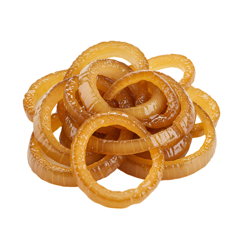 Pile of golden fried onion rings on a plain background in a studio shot with a simple composition transparent background png