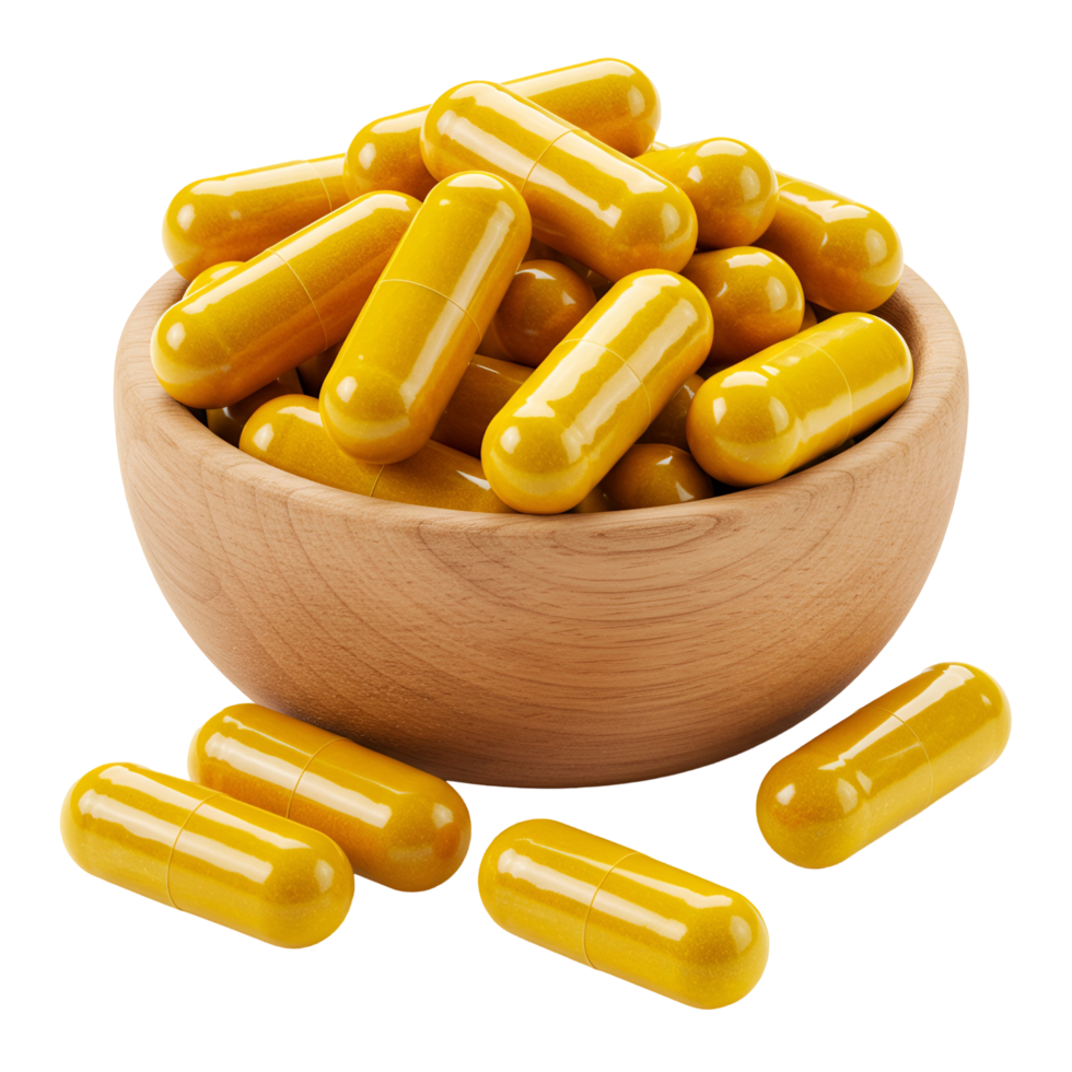 A wooden bowl filled with many yellow capsules and some capsules scattered around the bowl on a plain space transparent background png