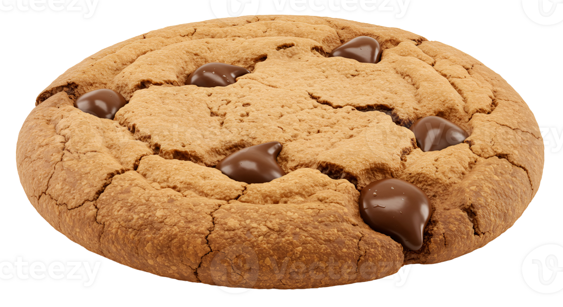 A single chocolate chip cookie with visible cracks and a light colored surface on a plain setting transparent background png