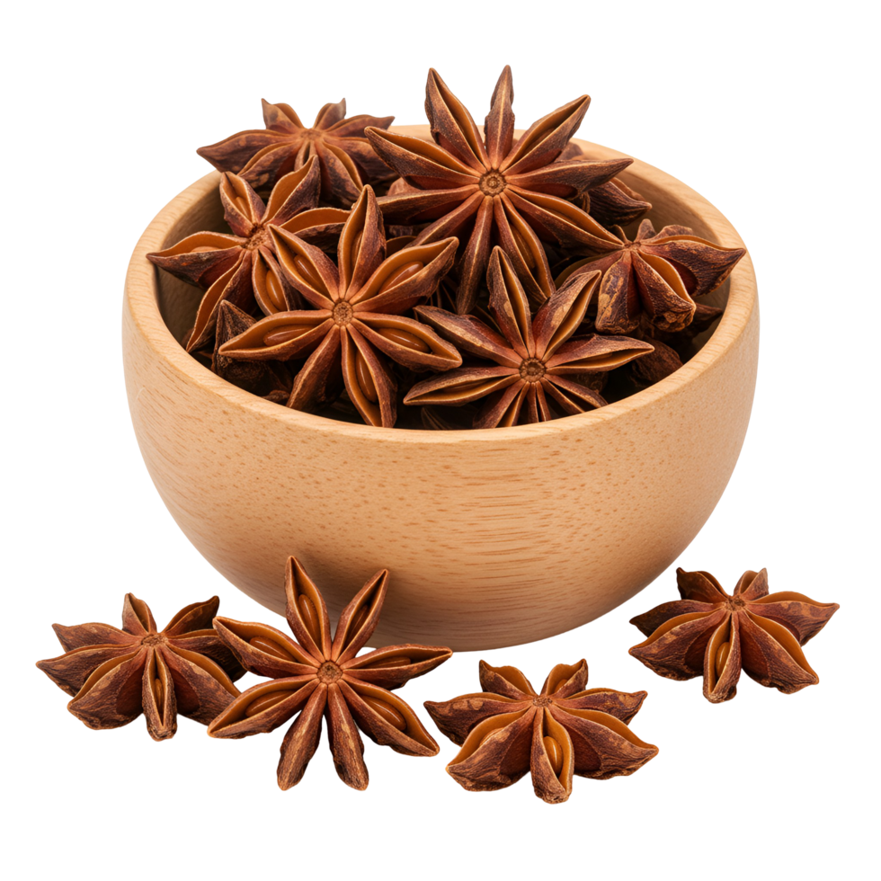 Anise stars in a wooden bowl with some scattered around on a plain surface in a studio setting transparent background png