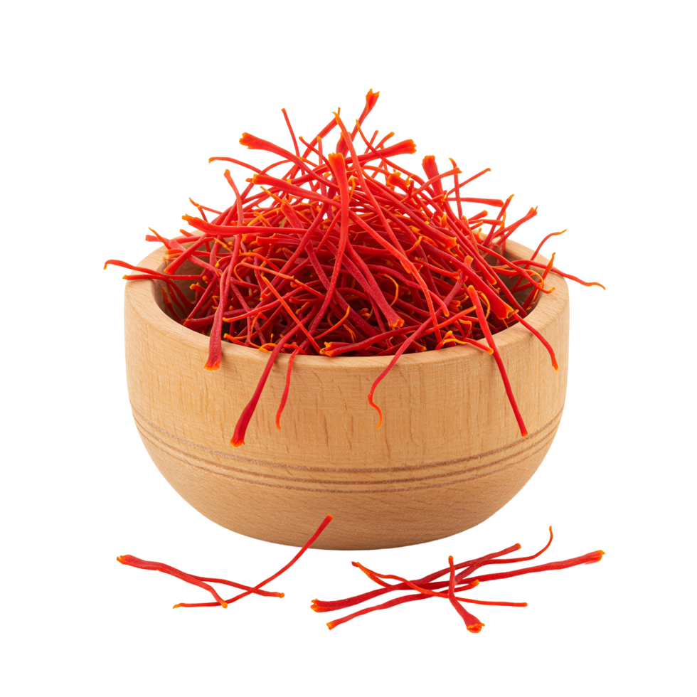 A wooden bowl filled with bright red saffron threads against a plain solid color backdrop view from front transparent background png