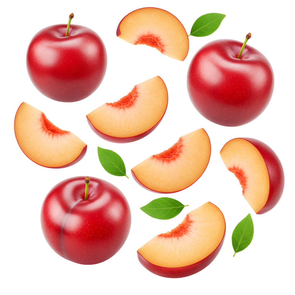 Arrangement of plums and peach slices with green leaves on a plain colored background studio shot transparent background png
