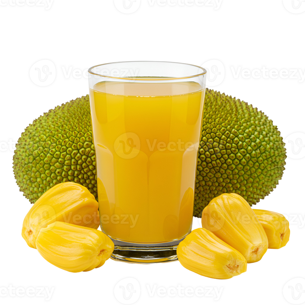 A glass of yellow juice with jackfruit segments and whole jackfruit on a plain setting scene transparent background png