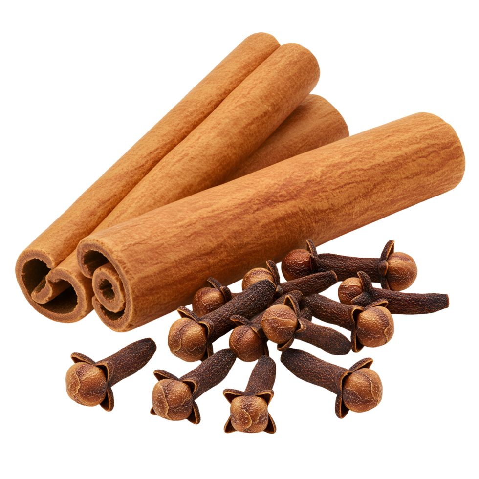 Cinnamon sticks and cloves arranged in a pile on a plain surface for a still life image transparent background png