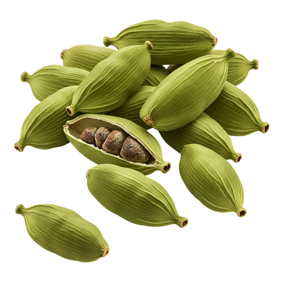 A group of aromatic cardamom pods, some opened to reveal the seeds, on a solid plain setting transparent background png