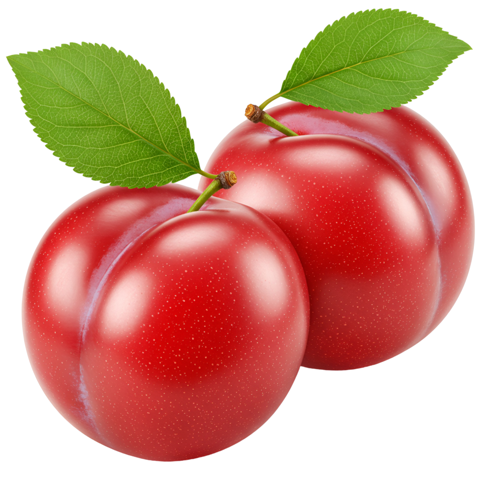 Two vibrant plums with lush green leaves isolated against a plain solid color simple clean studio shot transparent background png