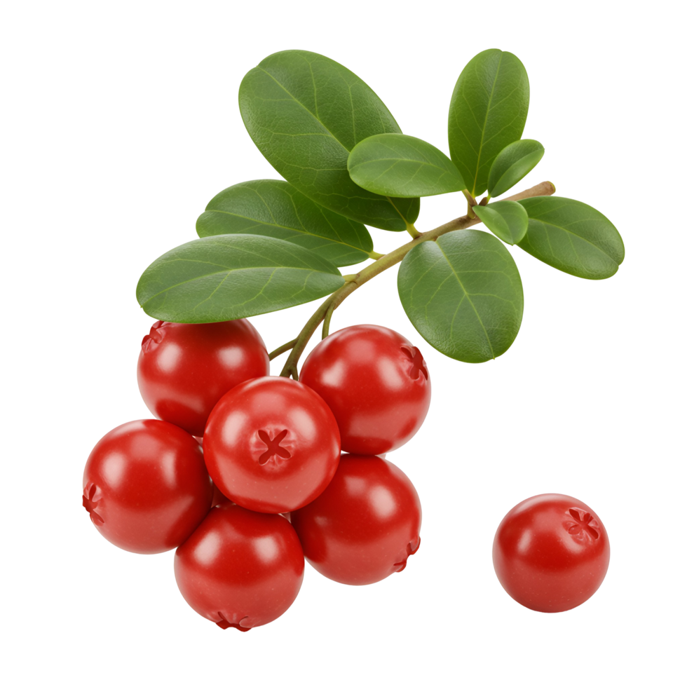 A vibrant display of lingonberries with fresh green leaves against a plain simple setting shown here transparent background png
