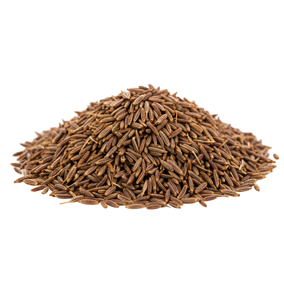 A heap of cumin seeds displayed against a solid and plain isolated simple studio type of setting transparent background png