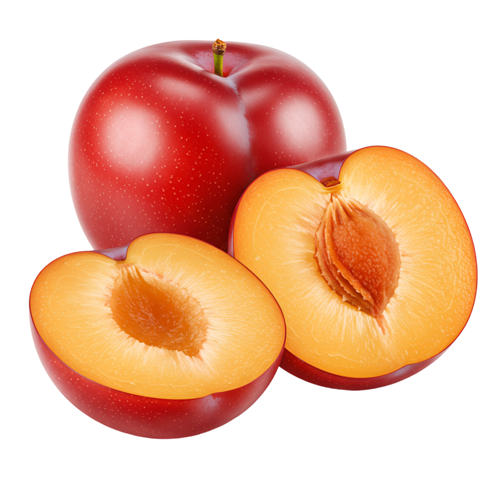 A close up of a whole plum and two plum halves showing the inside on a plain setting fruit image transparent background png